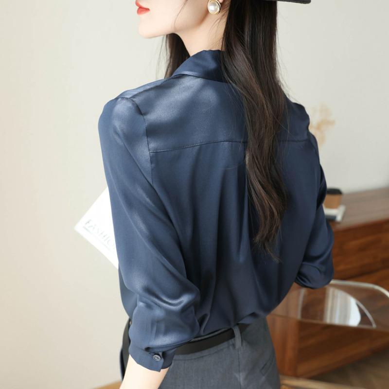 Mote Uformelt kontor Dame satengskjorte Løse lange ermede topper Solid Plus Size Damebluser Elegant Button Up Vintage Enkle Dameskjorter 25678