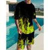 Men's 2-Piece Set Green Flame Print Crew Neck T-Shirt and Solid Color Shorts, Stylish Daily, Sports and Holiday Casual Set