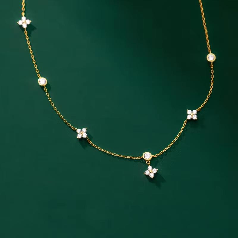 

Lnngy D Color Moissanite Choker Necklace Bijoux Argent 925 Silver Four-leaf Flower Necklaces for Women Jewelry Gift 40-50cm