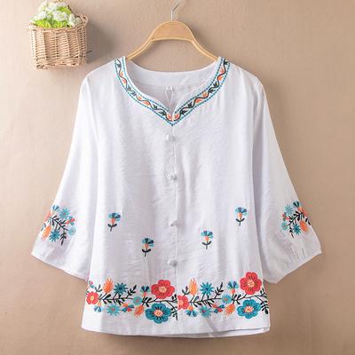 Loose Embroidered Top, Ethnic Style Plus Size Women's T-shirt for Summer