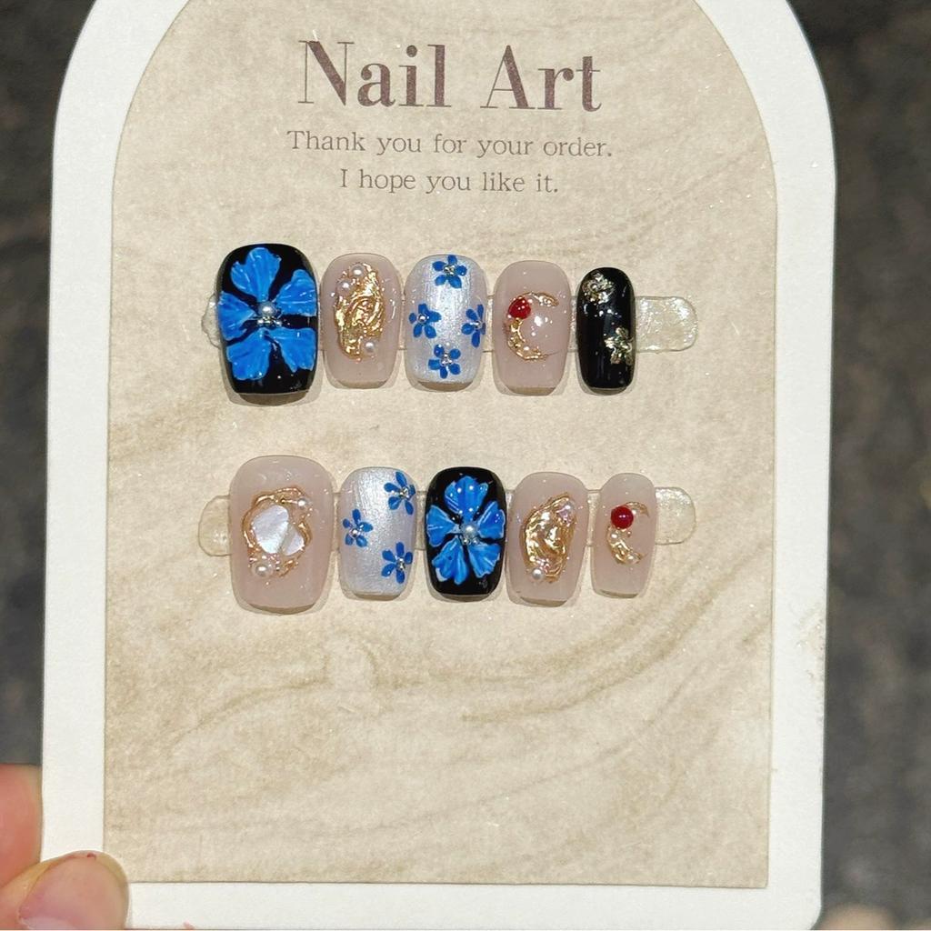10Pcs French Handmade White Flower Press On Nails Full Cover Fake Nail Tips Stick On False Nails
