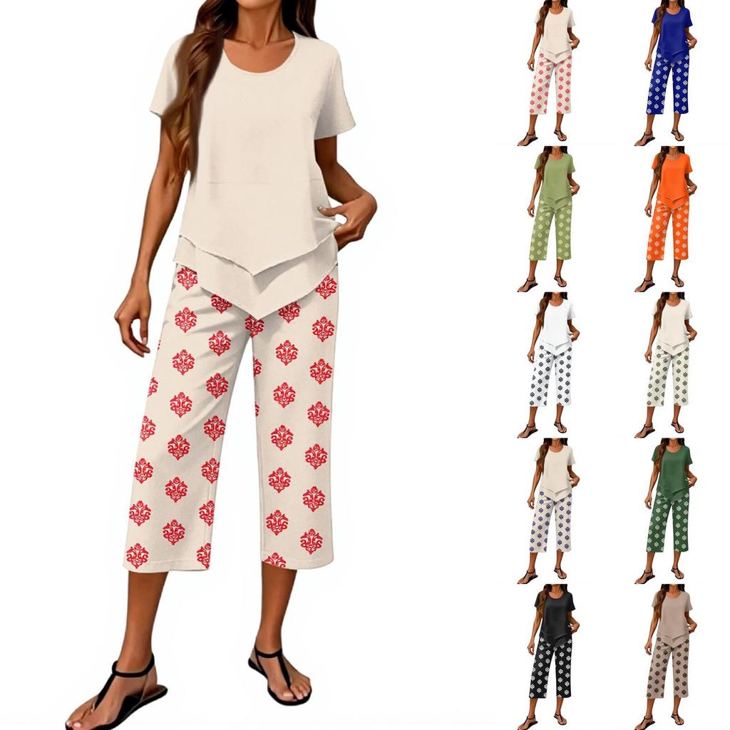 Women's Casual Printed T-Shirt and Pants Set Summer Fashion 2 Piece Outfit