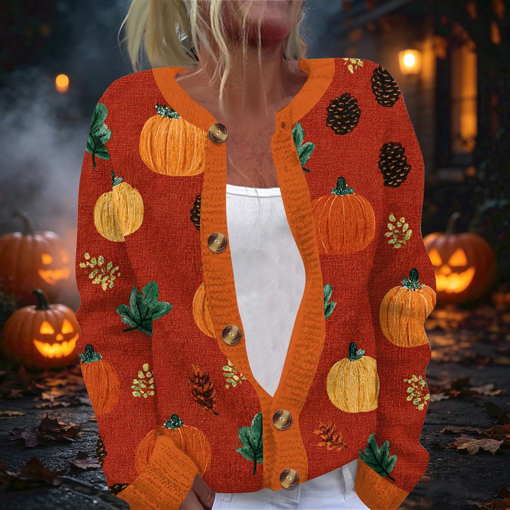Women's Halloween Print Long Sleeve Knit Button Front Cardigan