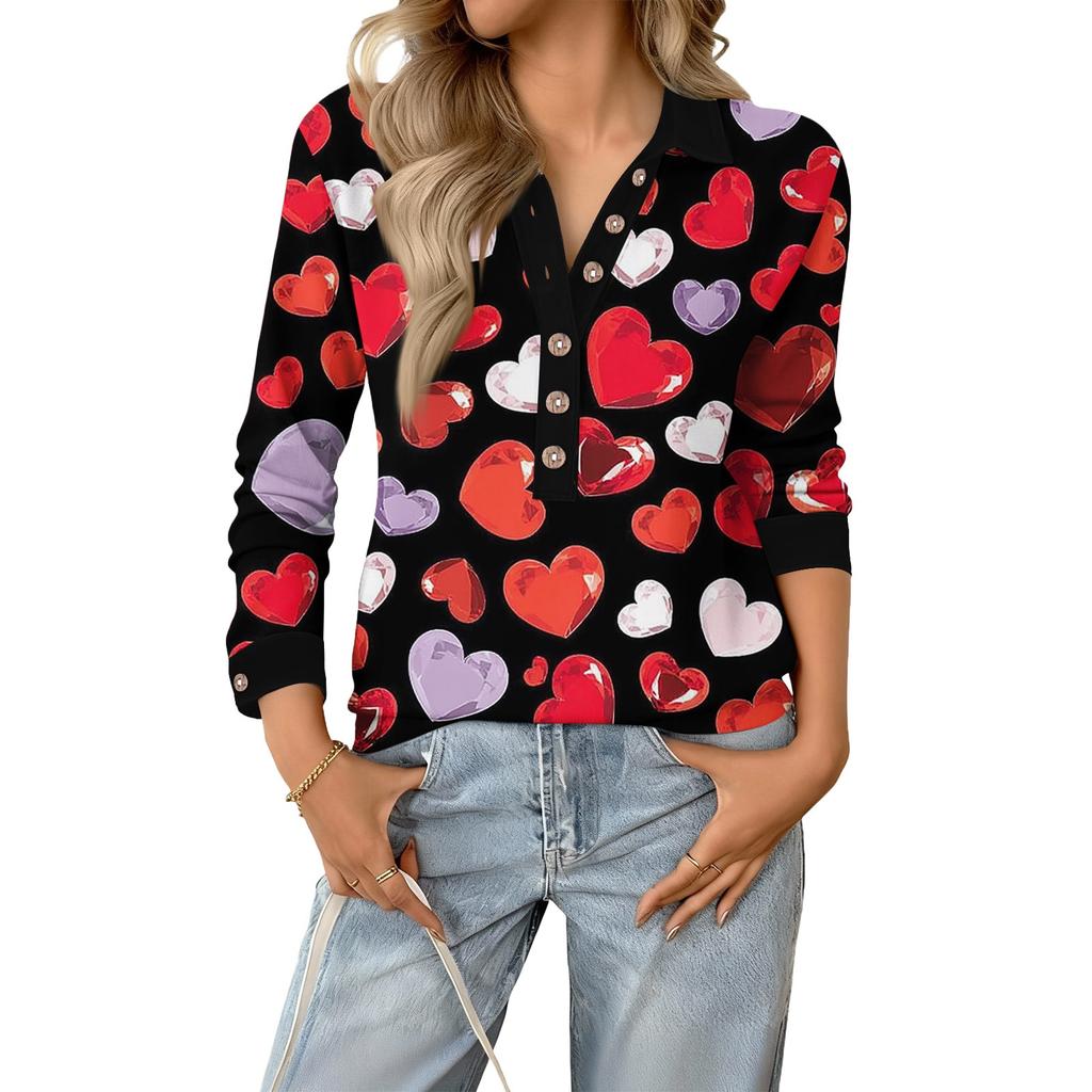 Damen Retro Street Lässiger V-Ausschnitt Langarm Knopf Valentinstag Herz Pullover Top