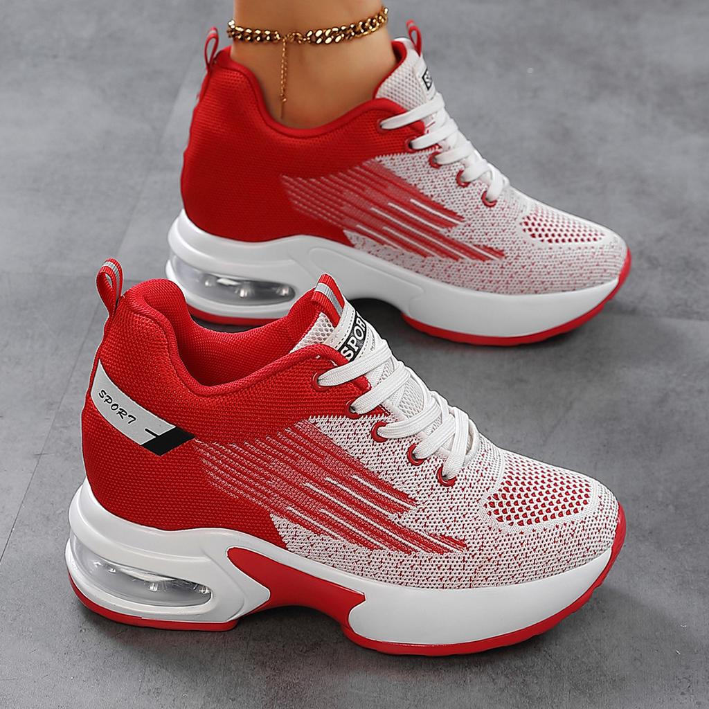 Frühling und Herbst neue lässige Damenschuhe Fliegenstrick atmungsaktiv dicksohlige Sportschuhe rutschfest und bequem Innenhöhe erhöhend Luftkissen