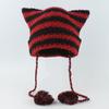 Knit Striped 3D Cat Ear Hat Elastic Windproof Hat with Pom Pom Decor Ear Protector Hat Winter Cycling Skiing Hat