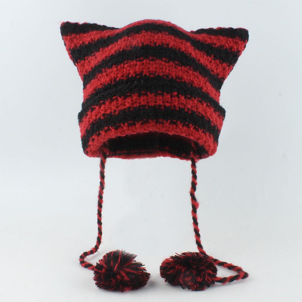 Knit Striped 3D Cat Ear Hat Elastic Windproof Hat with Pom Pom Decor Ear Protector Hat Winter Cycling Skiing Hat