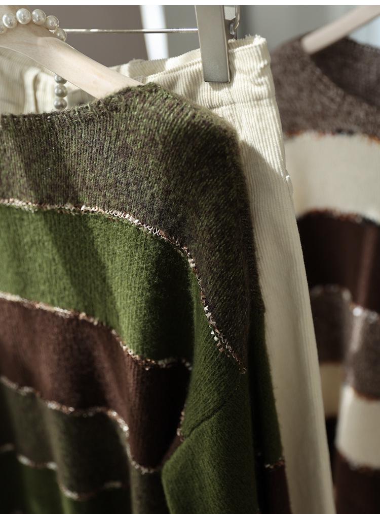 Matcha Chocolate Cashmere Wool Color Block Striped Knit Sweater - Women's Autumn Fashion