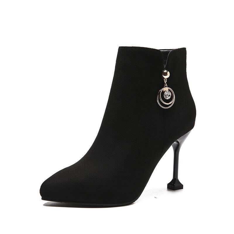 Black Pointed Toe Rhinestone Woman Short Shoes Autumn Winter Fleece-Lined Heeled Ankle Boots for Women New In Trend 2025 Booties