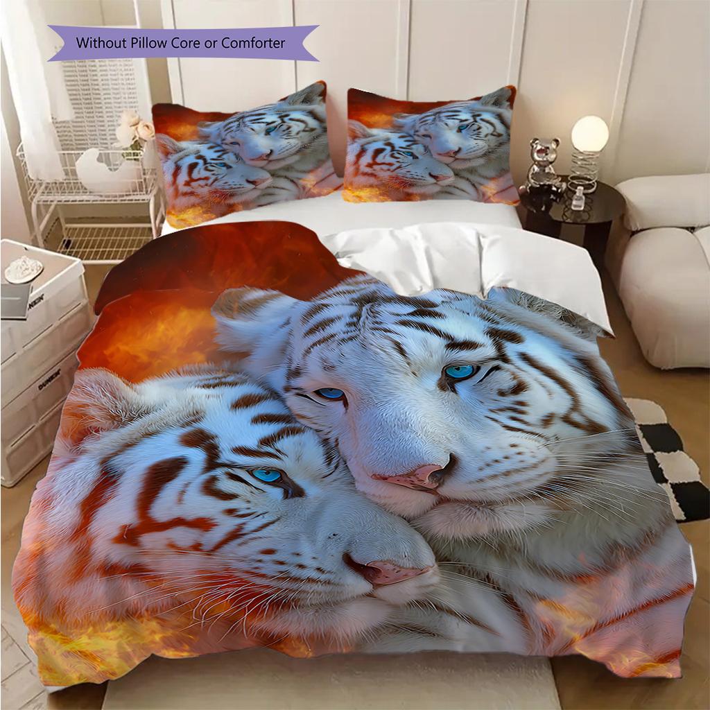White Tiger Pattern Bedding Quilt Set Quilt Cover Pillowcase Home Decoration Birthday Gift (1 * Duvet Cover + 2 * Pillowcase, Without Core)