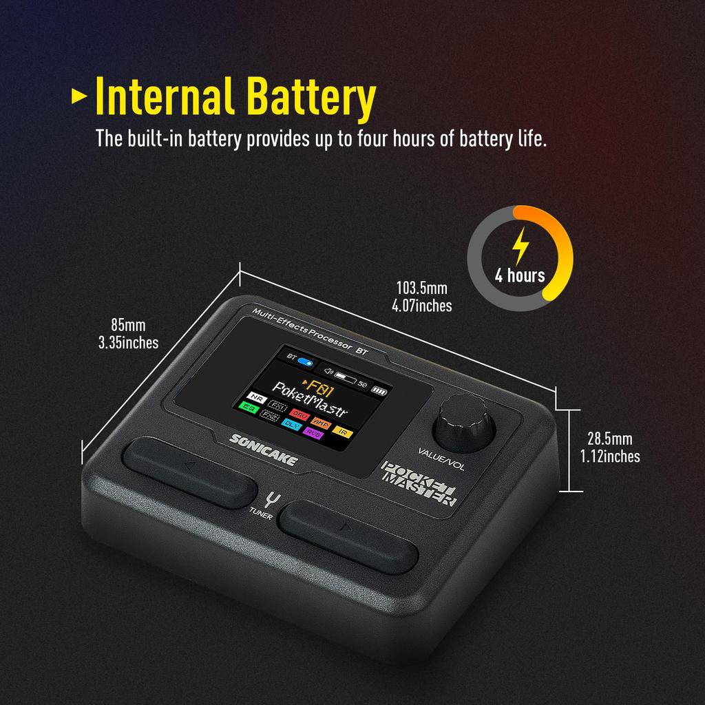 SONICAKE Pocket Master Processor with Amp IR Cabinet Stereo OTG USB Audio Bluetooth LCD Color Lithium Battery Multi-Effects Guitar/Bass Modeling,