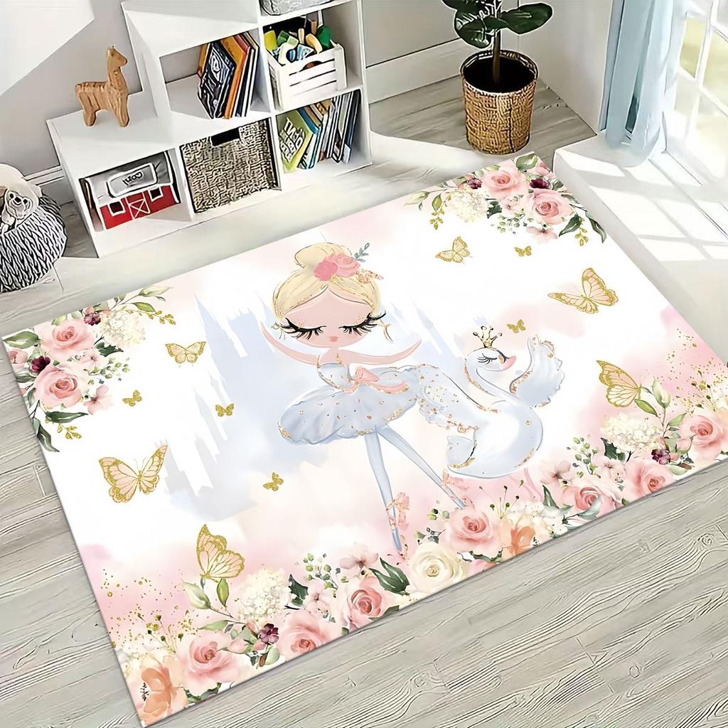 Elegant Ballet Dacing Girl Ballerina Cartoon Rug for Bedroom Living Room Sofa Home Doormat Decor,Large Kids Non-slip Floor Mat