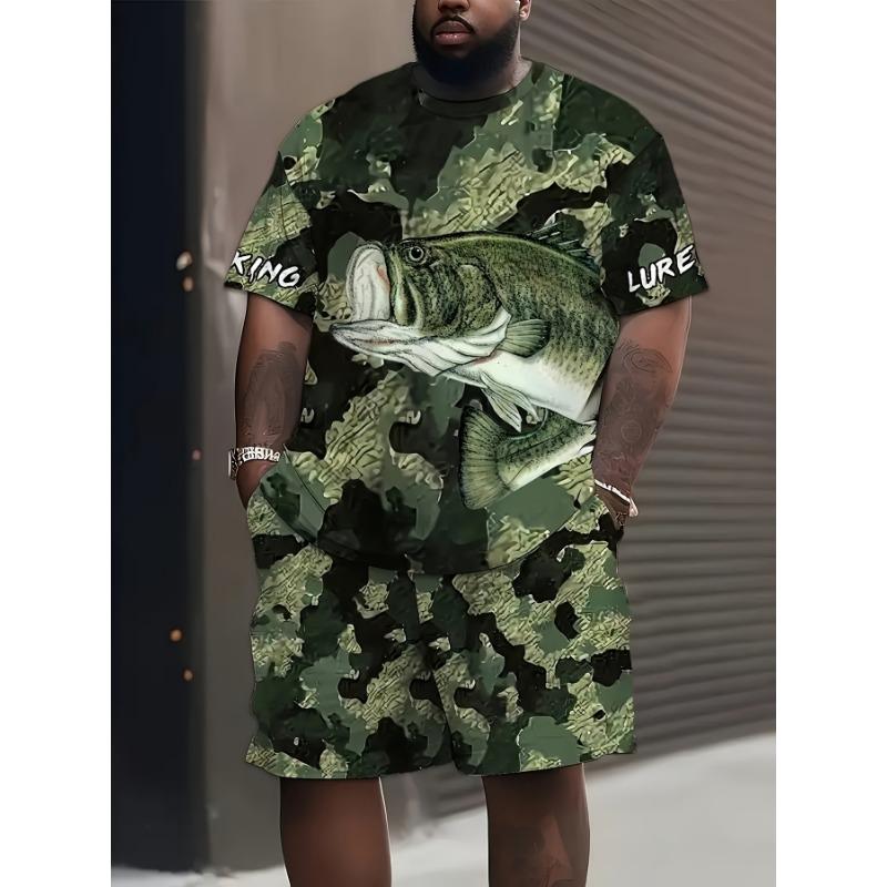 

New Summer Men s Camouflage Pattern Quick-Dry 3D Digital Print Top Set Outdoor Casual Fishing Clothing 6XL