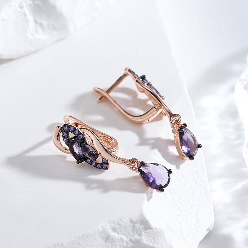 Purple Natural Zircon Long Drop Earrings For Women Unique  Rose Gold And Black Plating Vintage Wedding Jewelry