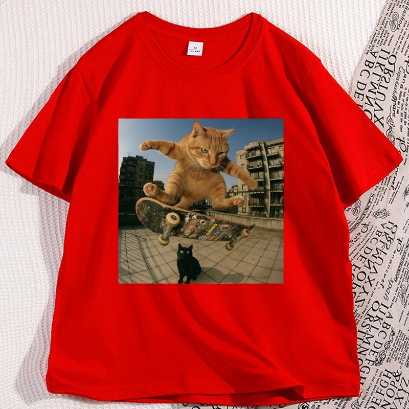 

Funny Cat Skating Tshirts Man Cotton Short Sleeve Graphic Tees Round Neck Loose Printed Tshirt Cool Streetwear Y2k Clothes S