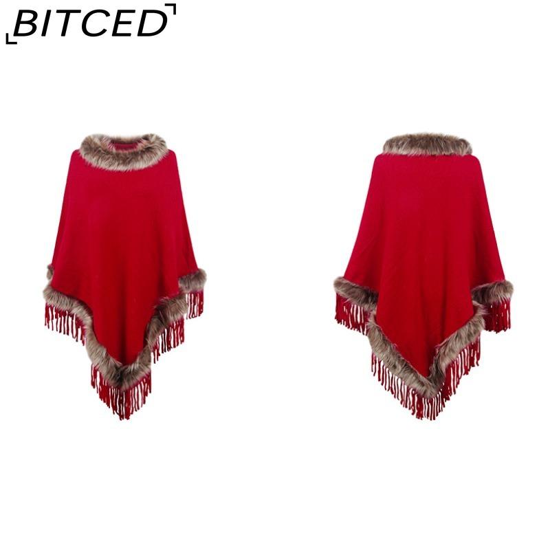 BITCED Knitted Fringe Cape for Women - Autumn/Winter Solid Colour Oversized Pullover Shawl Coat