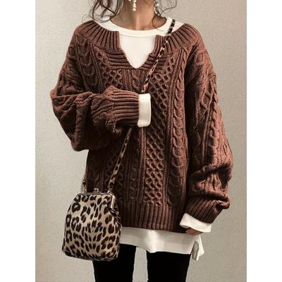 Women's Retro V-Neck Cable Sweater - Casual Chic Long Sleeve Fall Winter Top, Soft Brown Solid Color, Hand Wash/Dry Clean, Cute Sweater