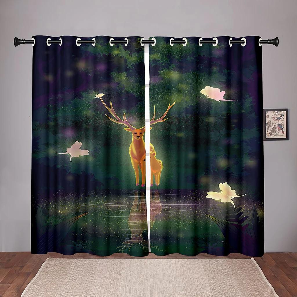 Animal Deer Forest Cartoon Dreamy Blackout Window Curtains for Bedroom Living Room Bathroom Kicthen Door Hall High Shading New