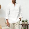 Chemise en Coton et Lin pour Homme à Manches Longues et Col Mao avec Poche sur la Poitrine Couleur Unie Chemise Décontractée de Vacances pour Voyage Été Plage Vacances Usage Quotidien