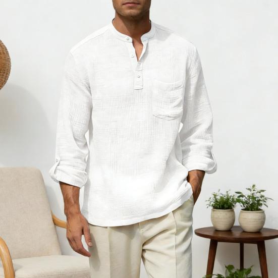 Chemise en Coton et Lin pour Homme à Manches Longues et Col Mao avec Poche sur la Poitrine Couleur Unie Chemise Décontractée de Vacances pour Voyage Été Plage Vacances Usage Quotidien