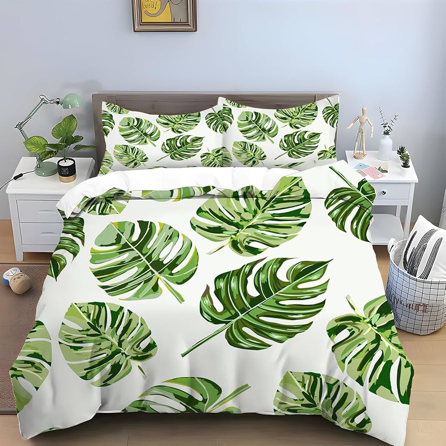 Tropical Leaves Duvet Cover Twin King Palm Leaf Pattern Bedding Set for Boys Girl Room Botanical Monstera Leaves Comforter Cover