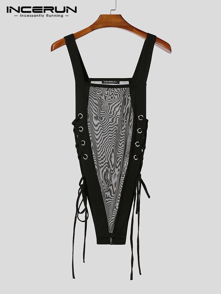 INCERUN Herre Firkantet Krage Ermeløs Mesh Gjennomsiktig Bandasje Slim Jumpsuits Bodysuits