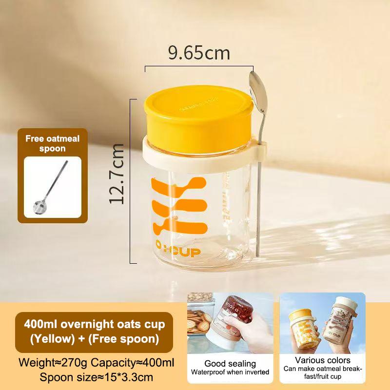 400ML Overnight Oats Glass Cup With Lid & Spoon Food Grade Sealed Leakproof for Breakfast Yogurt Meal Prep Gifting