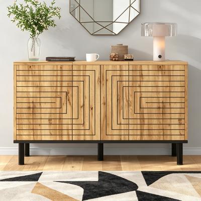 Sideboard with Wave Pattern, 3 Doors with Push-to-Open Mechanism, MDF Storage Cabinet for Dining Room, 50kg Load Capacity, Wood Color, 120×35×68cm