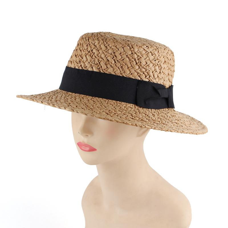 New spring and summer women's hand-woven straw hat simple casual hat British fashion top hat flat top sun hat
