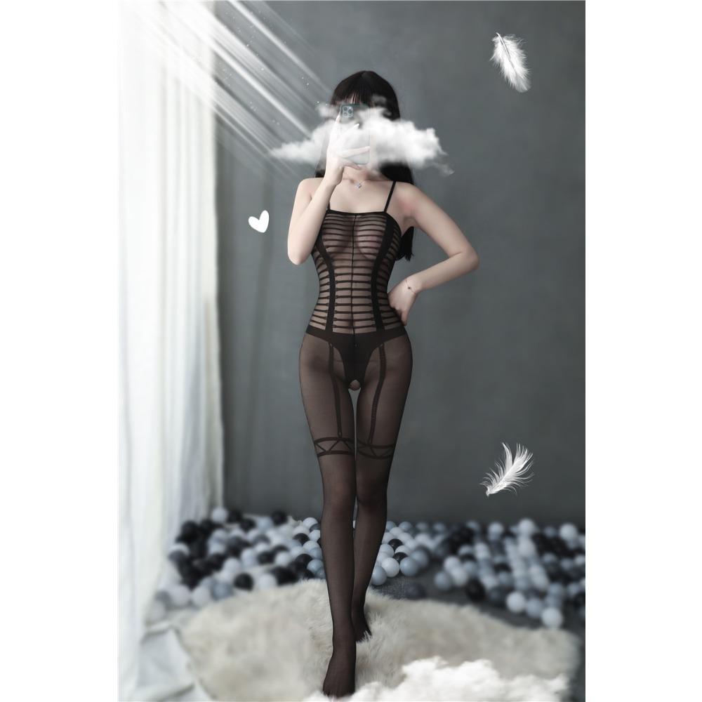 Sexy Lingerie Women's Sexy Lines Open Jumpsuit Uniform Temptation Black Hand Torn Stockings Onesie Silk 8866