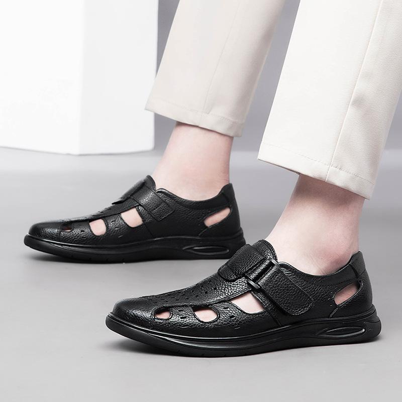 Leather hollow sandals Velcro hole shoes breathable casual men's shoes soft sole dad cool leather shoes men