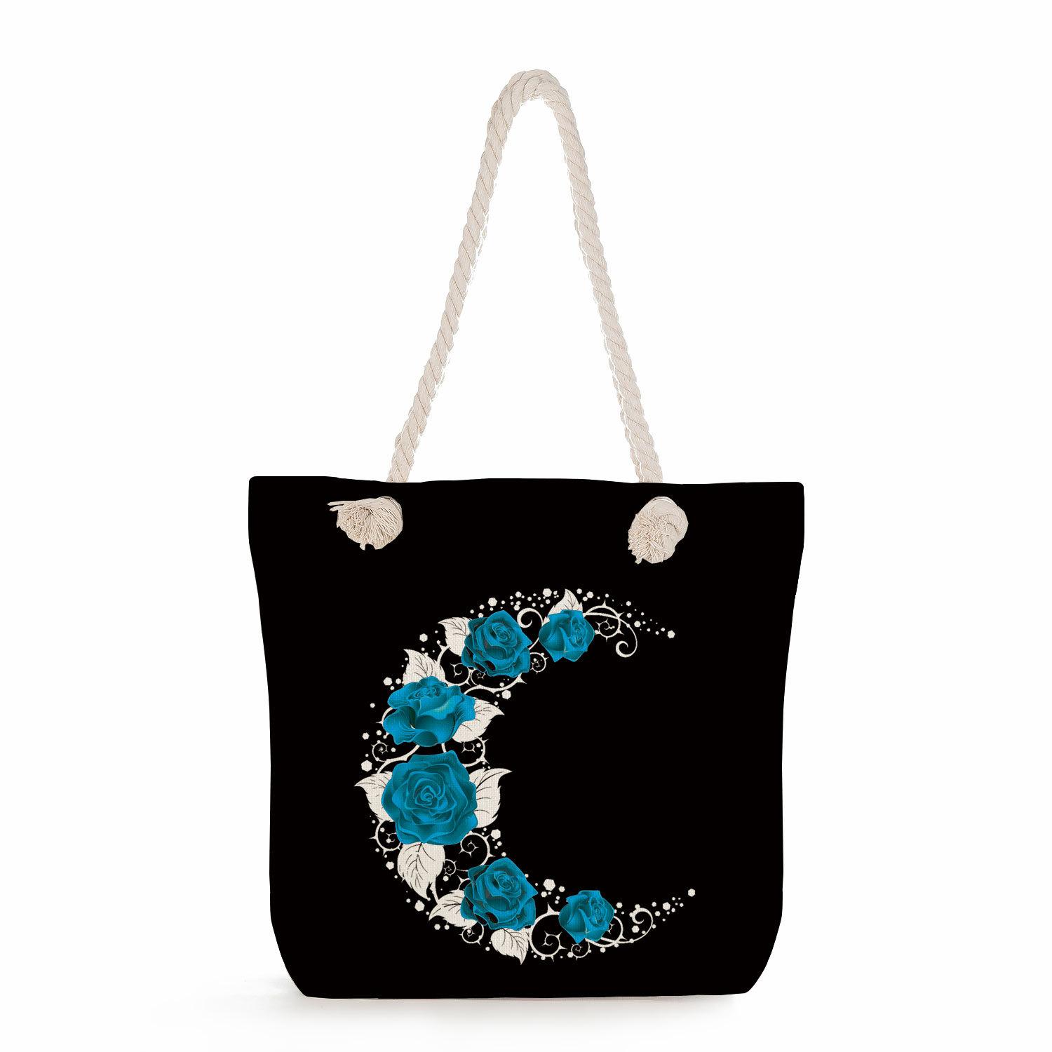 White background with roses print thick rope single-shoulder beach bag 7254 KTB