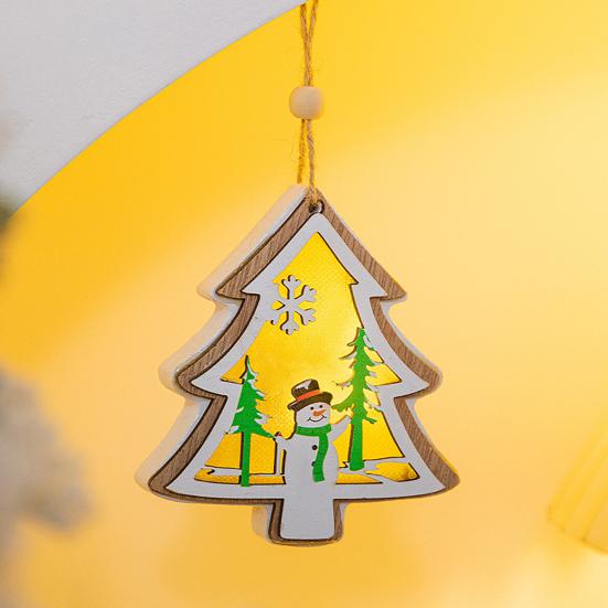 Yousheng Wooden Christmas Decor with LED Light 3D Carved Hanging Wood Star/Village House/Bell/Gift Box Ornament for Xmas Tree Decor