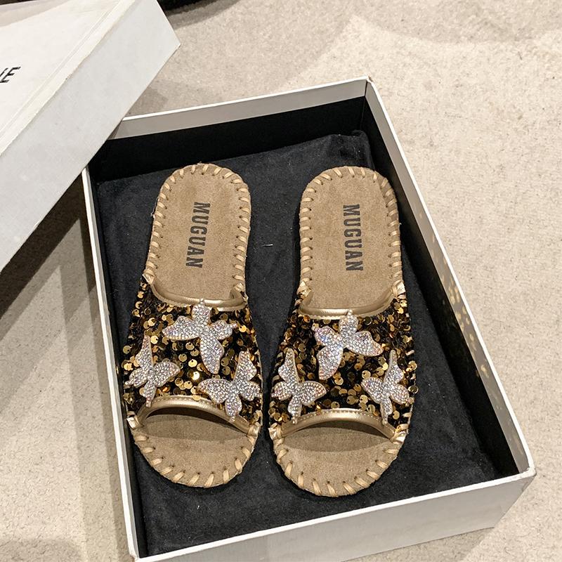 Fashion Aphixta Bling Butterfly Slippers Woman Shoes For Summer Outdoor Luxury Slides Gold Sequine Upper Sewing Slides chanclas de mujer