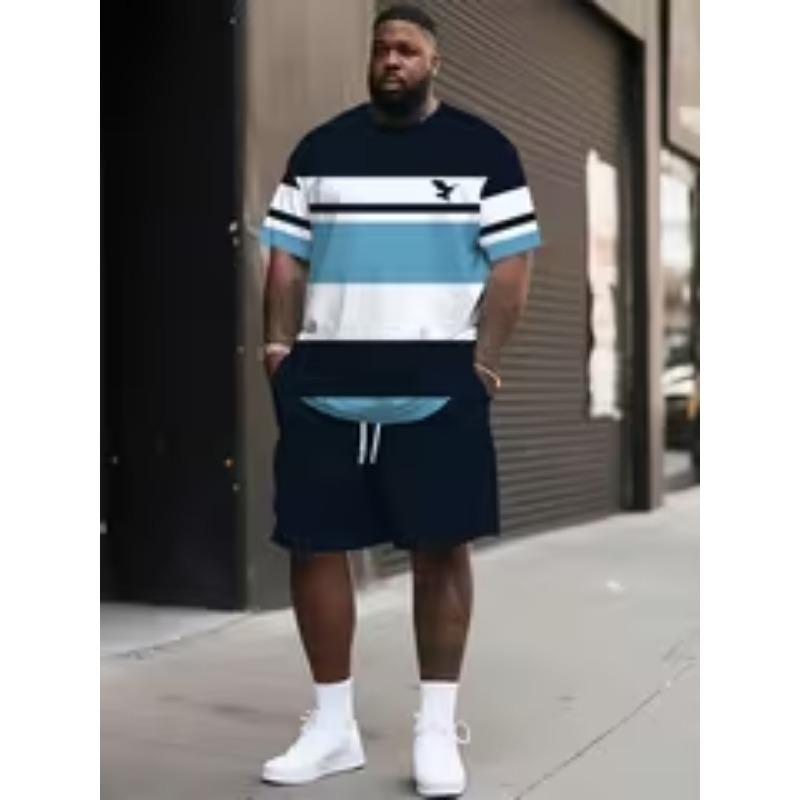 Plus Size Men s Summer Casual Sports Set, Breathable 3D Print Crew Neck T-Shirt and Shorts S