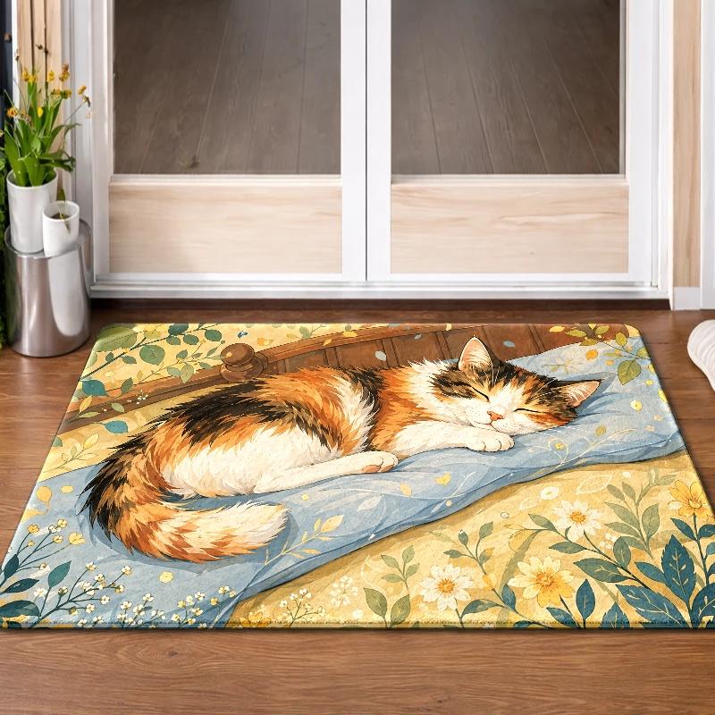 1Pcs Anti Fatigue Kitchen Rugs, Cute Calico Cat Print Waterproof Non-Slip Thick Cushioned Kitchen Mat Heavy Duty Comfort Standing Mat for Kitchen
