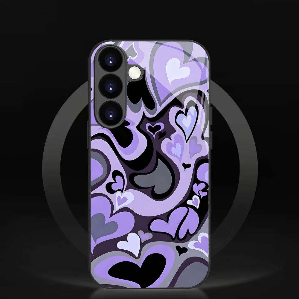 Purple heart-shaped black glass phone case suitable for Samsung Galaxy S26 S25 S24 S23 S22 S20FE/Ultra/Plus anti drop back cover