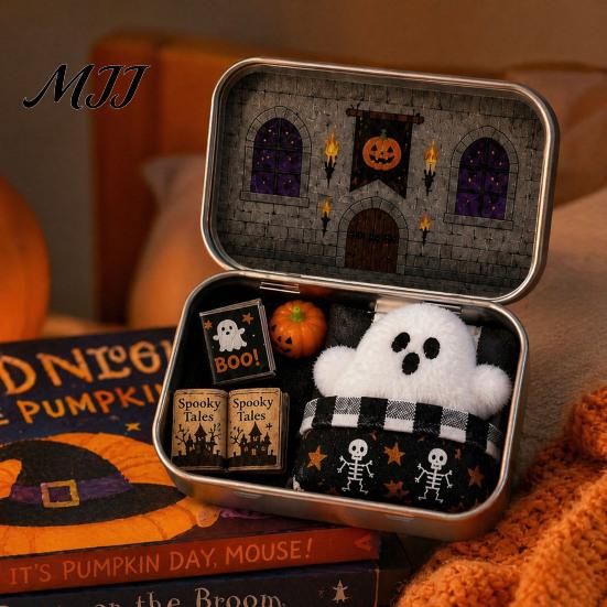Halloween Storage Box Mini Tin Gift, Plush Ghost with Haunted House Spooky Unboxing Experience Scene, Collectible Micro Theater Gift for Kids,
