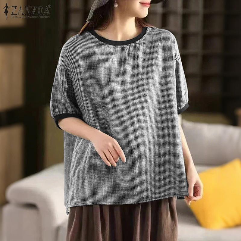 ZANZEA Women Casual Round Neck Grid Print Summer Short Sleeve Blouse