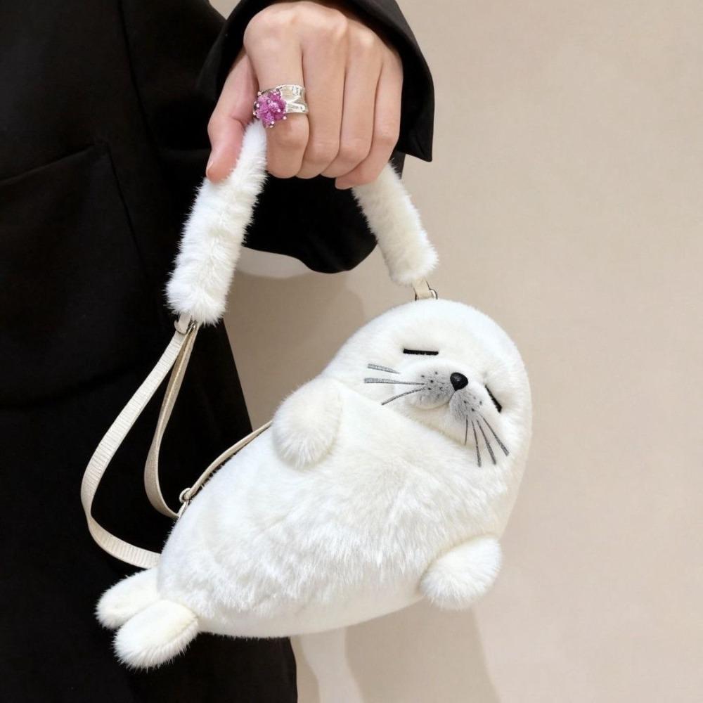 Borsa a Spalla Foca Morbida Soffice Carina Borsa Leggera per Telefono a Cartoni Animati Cinghie Regolabili Tessuto Peluche Borsa a Tracolla