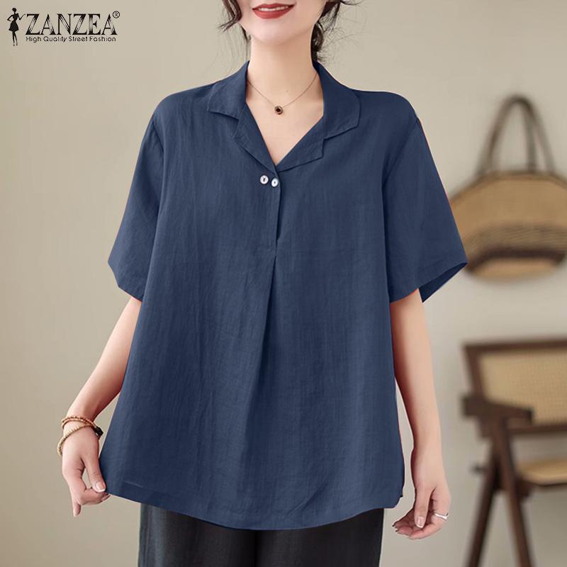 

ZANZEA Женская летняя хлопковая блузка с отложным воротником и короткими рукавами