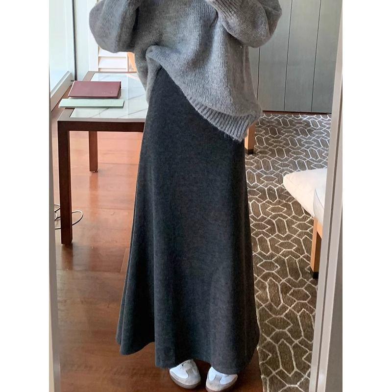 Women's High-Waist Gray Fishtail A-line Skirt – Elegant, Slimming Elastic Waist for Spring/Autumn