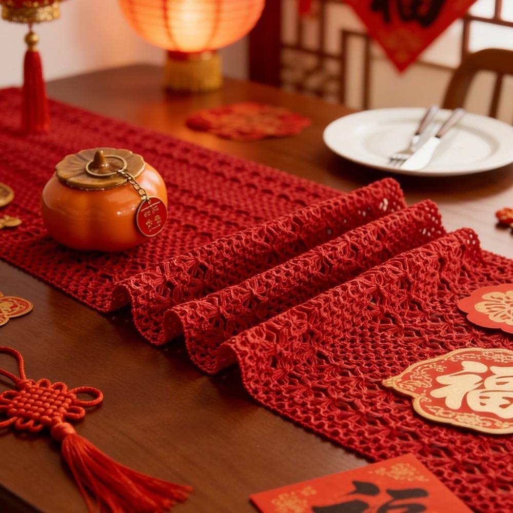 Traditional Chinese New Year Table Runner Long Strip Decorative Hollowed-out Tassels Runner Vintage Elegant Table Flag
