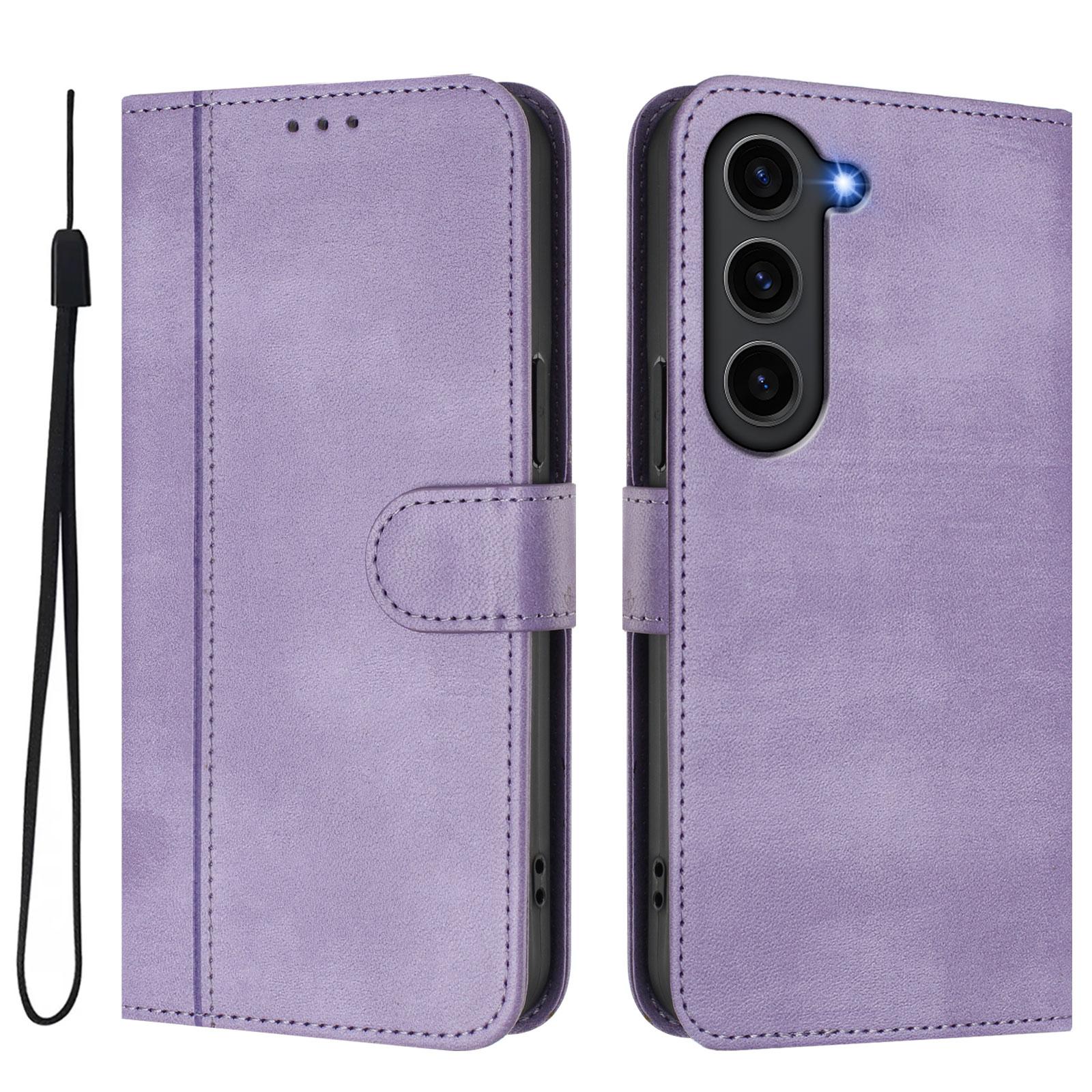 

For Samsung Galaxy S23 Cases Wallet Stand Retro Texture Leather Phone Cover with Lanyard Light Purple