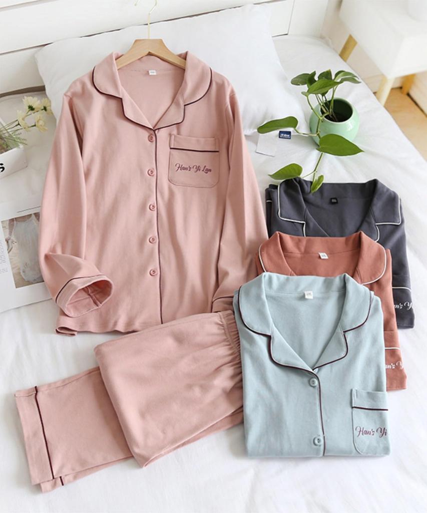 Aimoha Cotton Loungewear Long Open Wide Top and Elastic Solid Korean Ulzzang Cotton Fabric Women's 100% Pajamas, Set, Sleeves, Front, Pants, Bottoms,