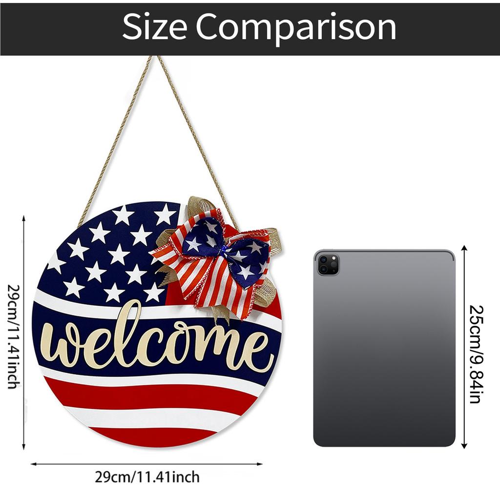 Independence Day Welcome Sign Wooden Plaque Decoration Memorial Day Wooden Patriotic Wreath Wall Hanging Outdoo