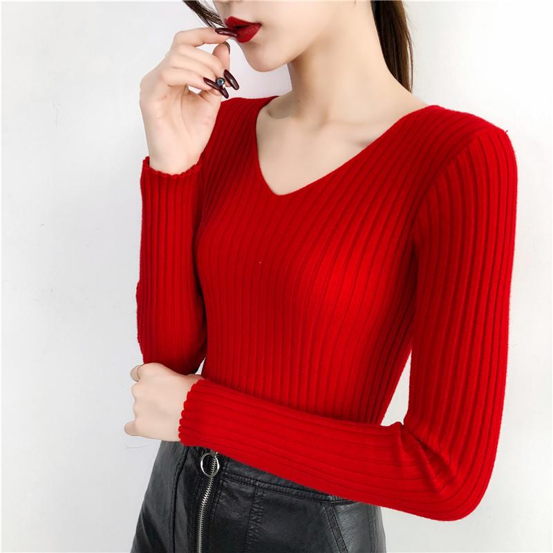 Autumn and Winter V-neck Knitted Sweater for Women Fashion Slim Fit Long Sleeve Base Pullover Sweaters Tops Ladies Elegant Solid Woman Knitwear 24978