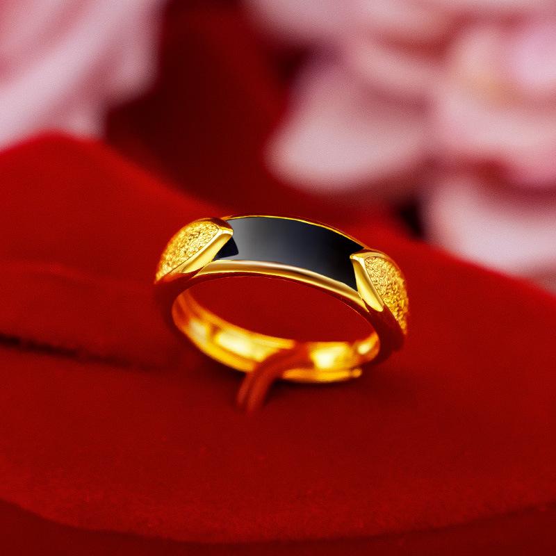 

Gold-Plated Copper Couple Rings with Black and Green Gemstones - Stylish Open Design for Men and Women