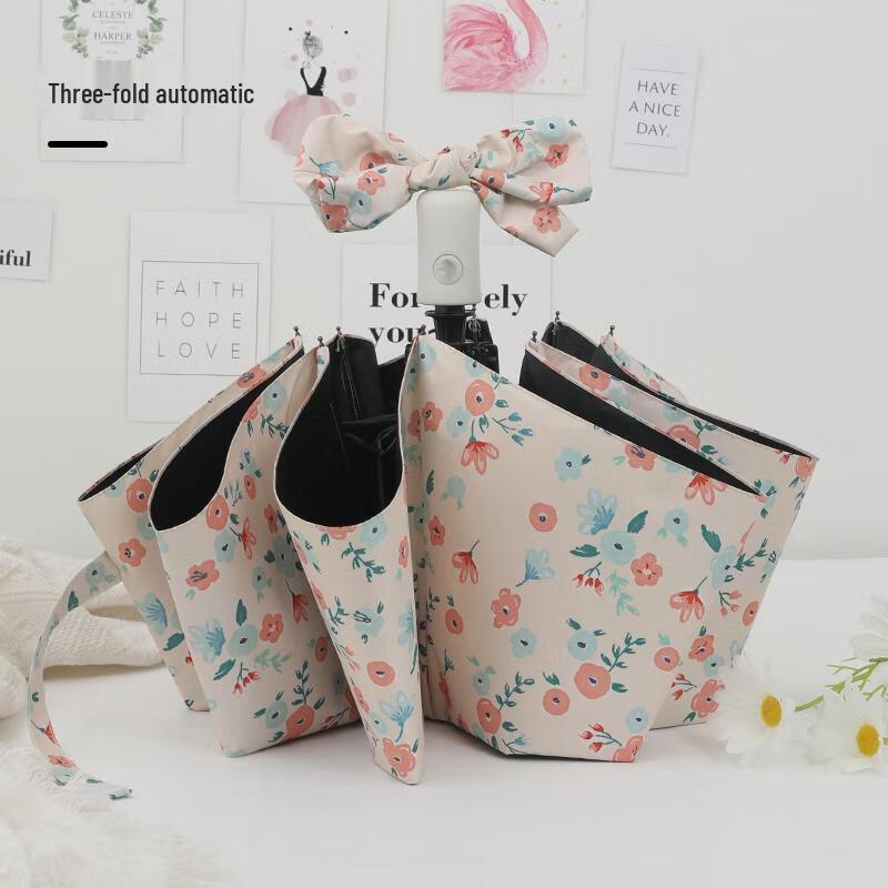 Xiaobu Forest Automatic Dual-Use Folding Umbrella with Red Flower Pattern