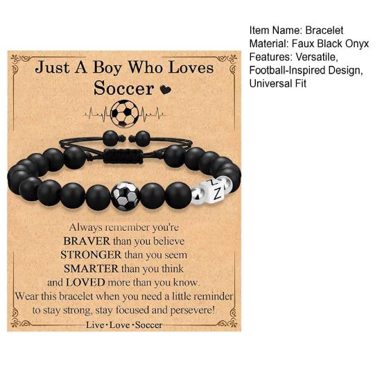 Football Bracelet for Men Black Matte Beads Bracelet A-Z Letter Adjustable Bracelet with Card Gift for Football